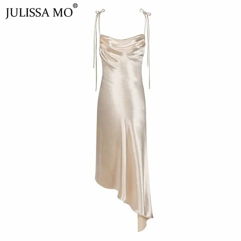 Julissa mo Metallic Satin Straps Long Dress Summer Backless Women Asymmetrical Dress Female Elegant Christmas Party Vestidos