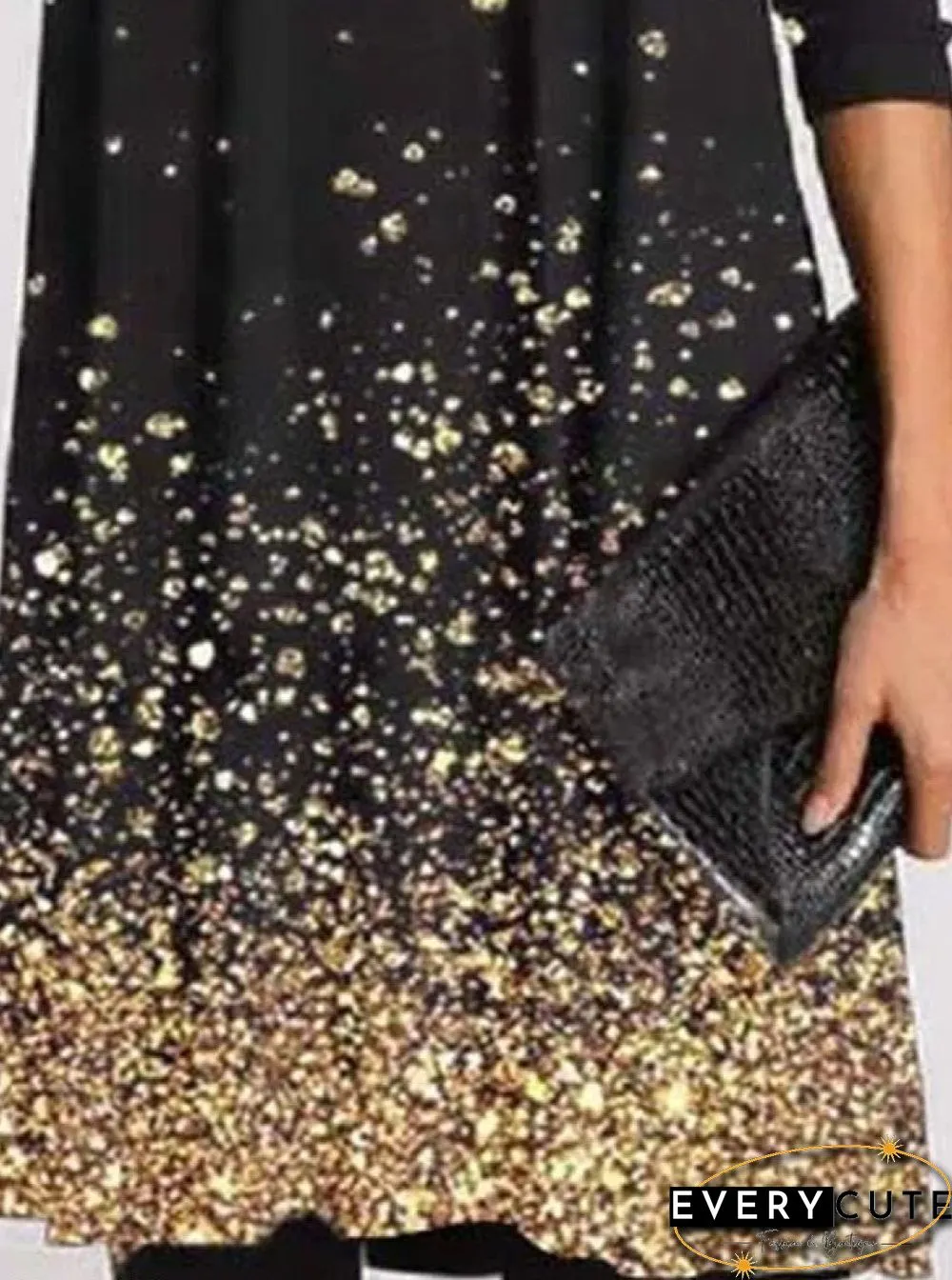 Casual Print High Neck Long Sleeves Shift Dress Black Dresses