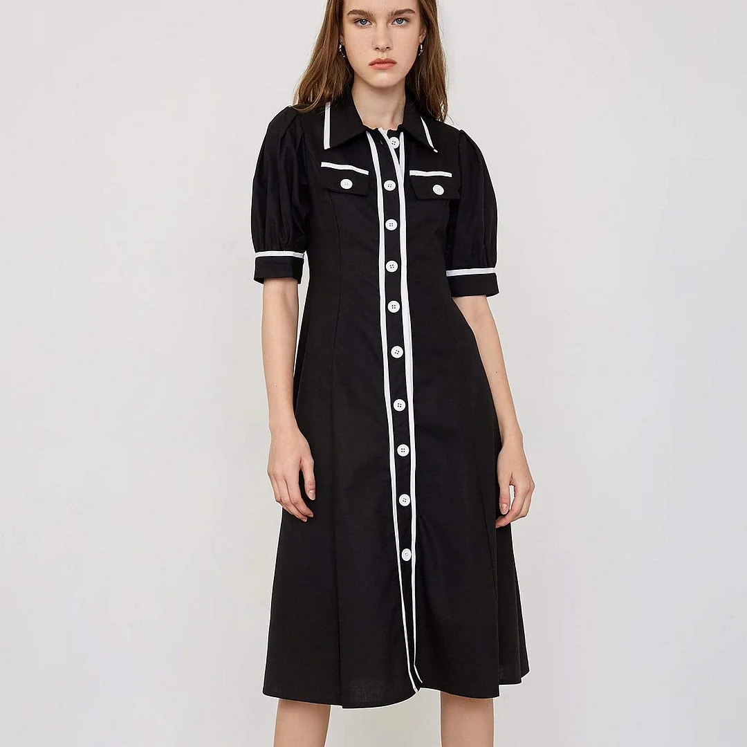 Verity Black Contrast Button-Down Midi Dress