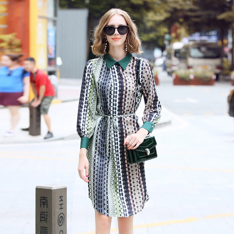 Early Autumn Women's Wear Retro Style Color Matching Printed Mid-length Long Sleeve Dress Fashion