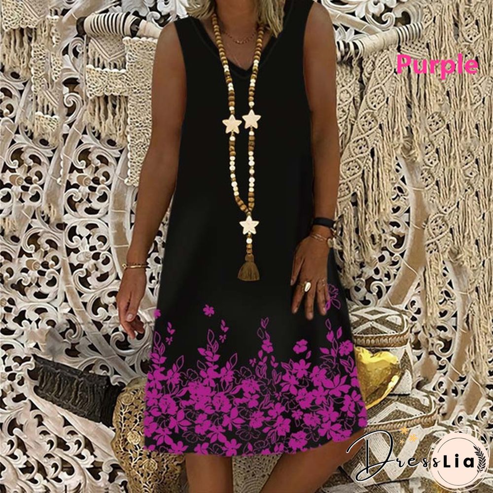 Summer New Fashion Womens Round-neck Sleeveless Printed Casual Dress Loose Soft