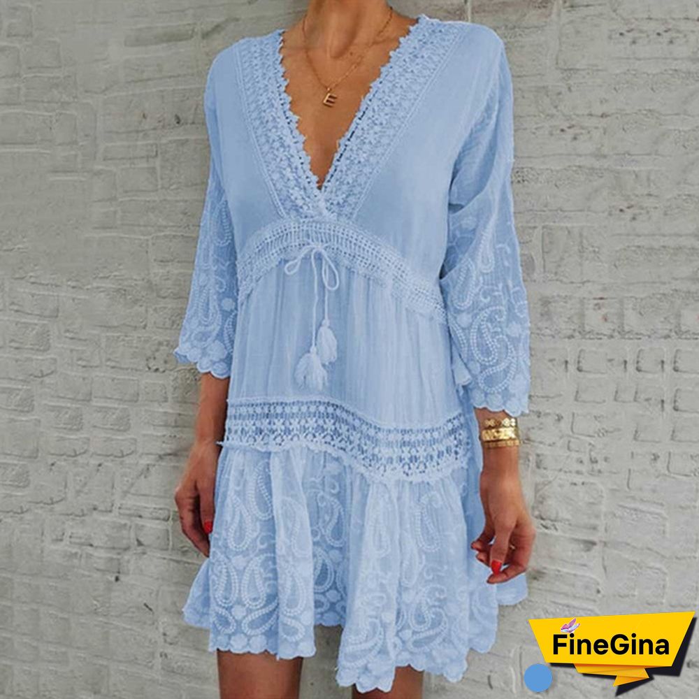 Women Fashion Floral Printed Dress Casual Beach Dress Summer V-neck Lace Dress Sexy Party Dress 3/4 Sleeve Boho Dress