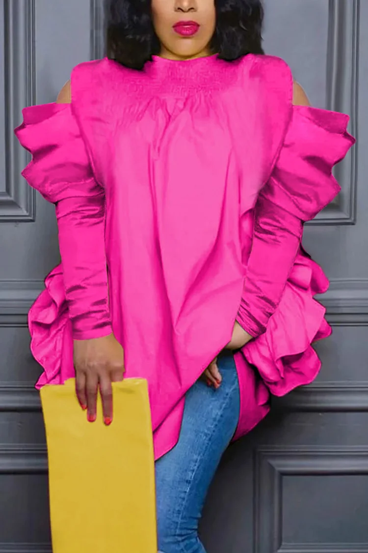 Plus Size Daily Blouse Hot Pink Long Sleeve Cold Shoulder Ruffle Blouse [Pre-Order]