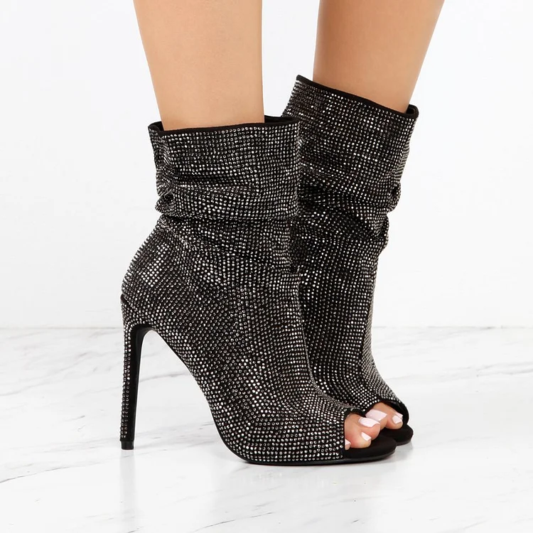 Fashion Black Hotfix Peep Toe Stiletto Ankle Boots Vdcoo