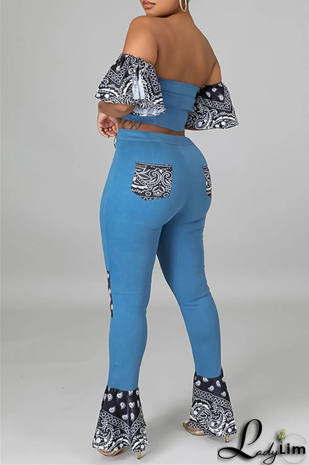 Dark Blue Sexy Casual Patchwork Backless Strapless Short Sleeve Two Pieces