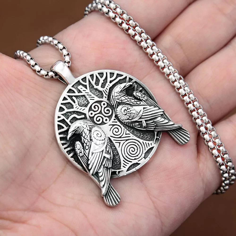 Nordic mythology vintage casting tree of life double raven pendant punk hip hop hipster men titanium steel necklace
