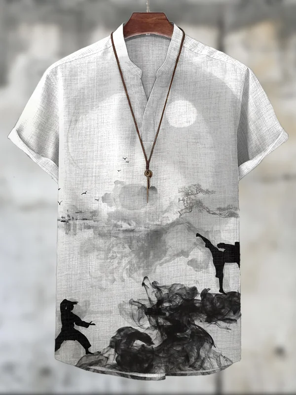 Men's Ink Art Chinese Kung Fu Print Casual V Neck T-Shirt