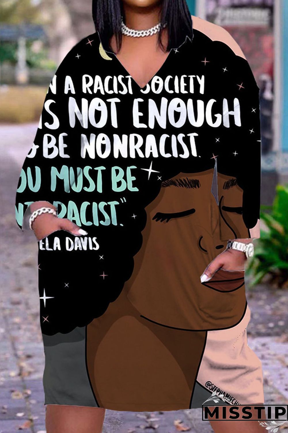 Black Casual Street Print Patchwork V Neck Straight Dresses