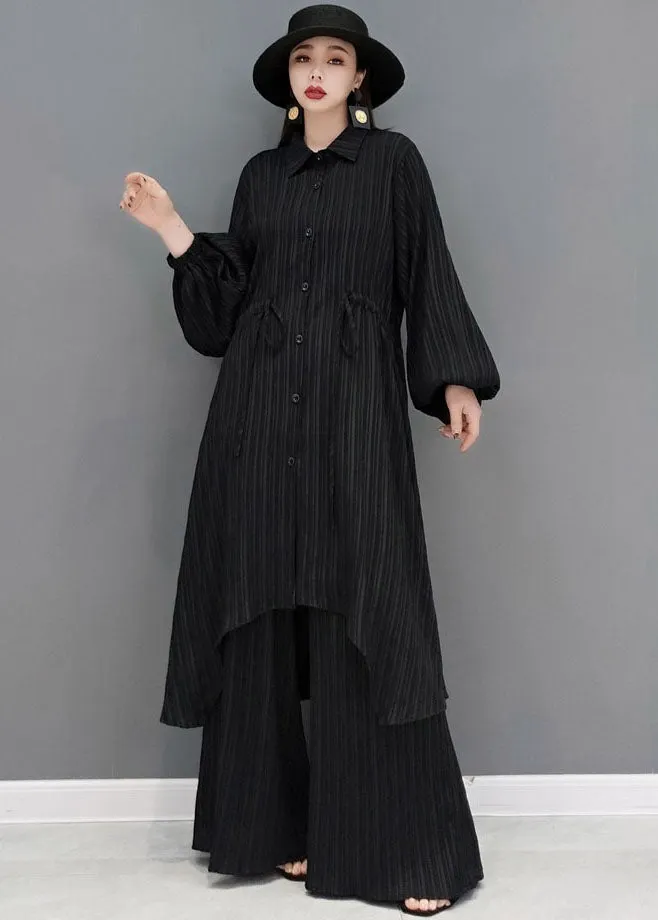 BlackDrawstringAsymmetricalCottonLongShirtAndWideLegPantsTwoPiecesSetSpring