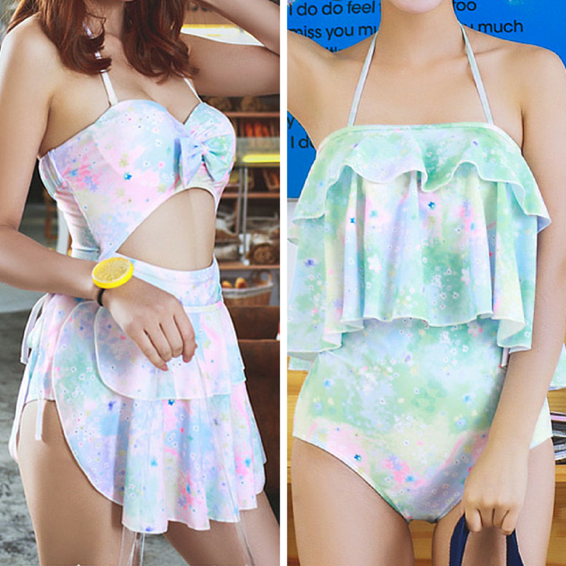 M-XL Green/Pink Pastel Hallow Out Two Pieces Swimsuit SP167360