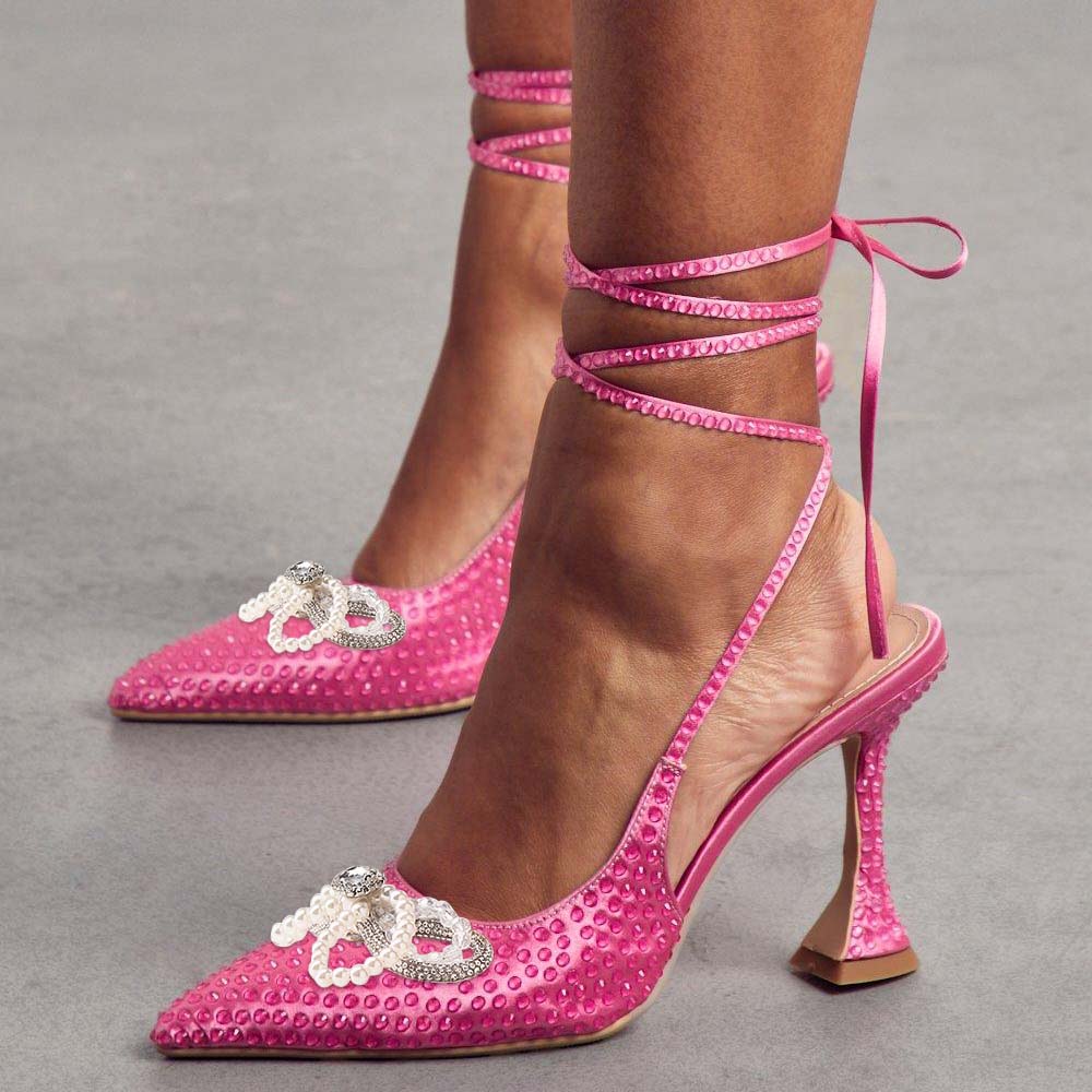 Pink Pointed Toe Sandals Flared Heel Strappy Slingback Sandals