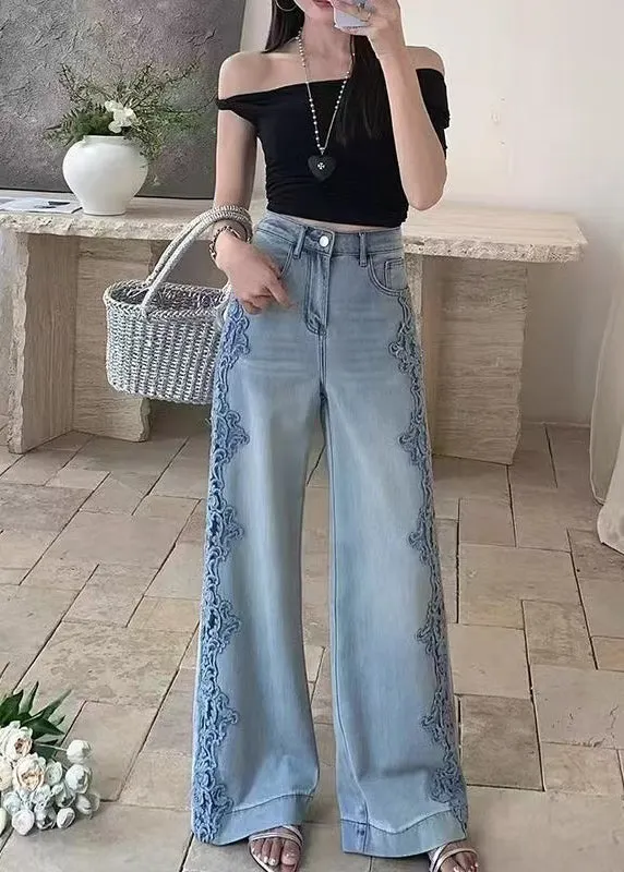 Handmade Blue Hollow Out Lace Patchwork Denim Pants Fall