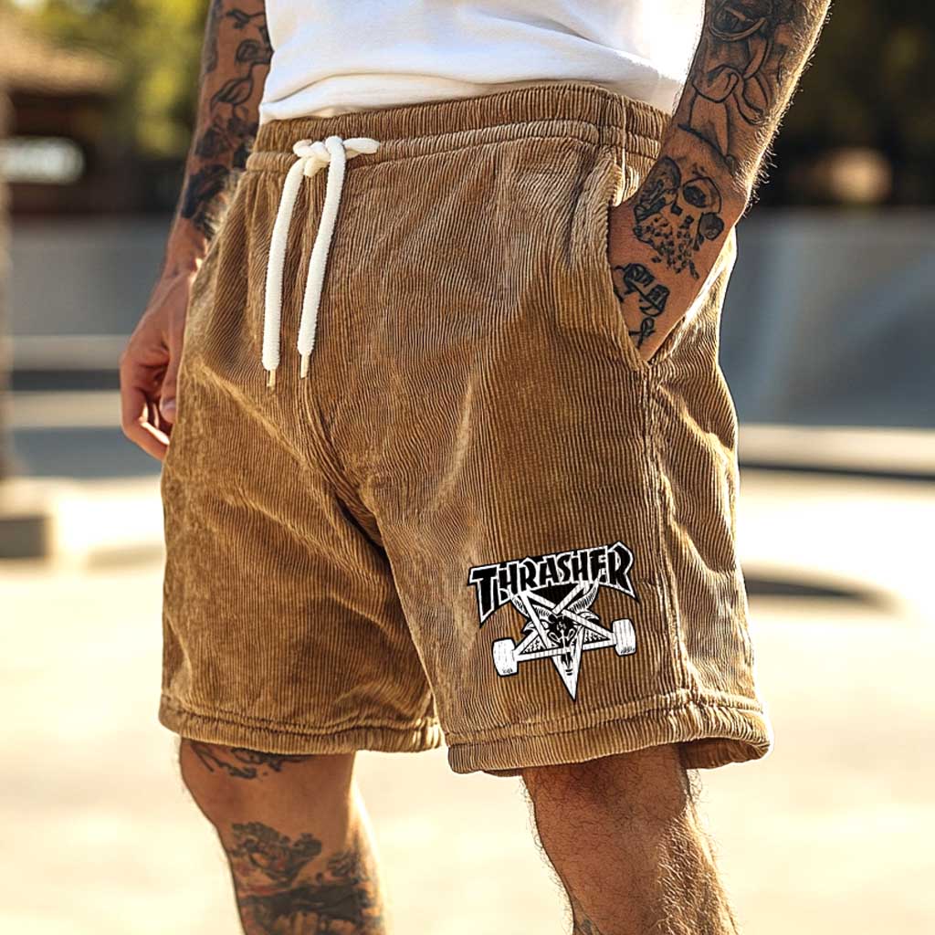 Men's Vintage Corduroy Skategoat Skateboard Print Elastic Drawstring Shorts / TECHWEAR CLUB / Techwear