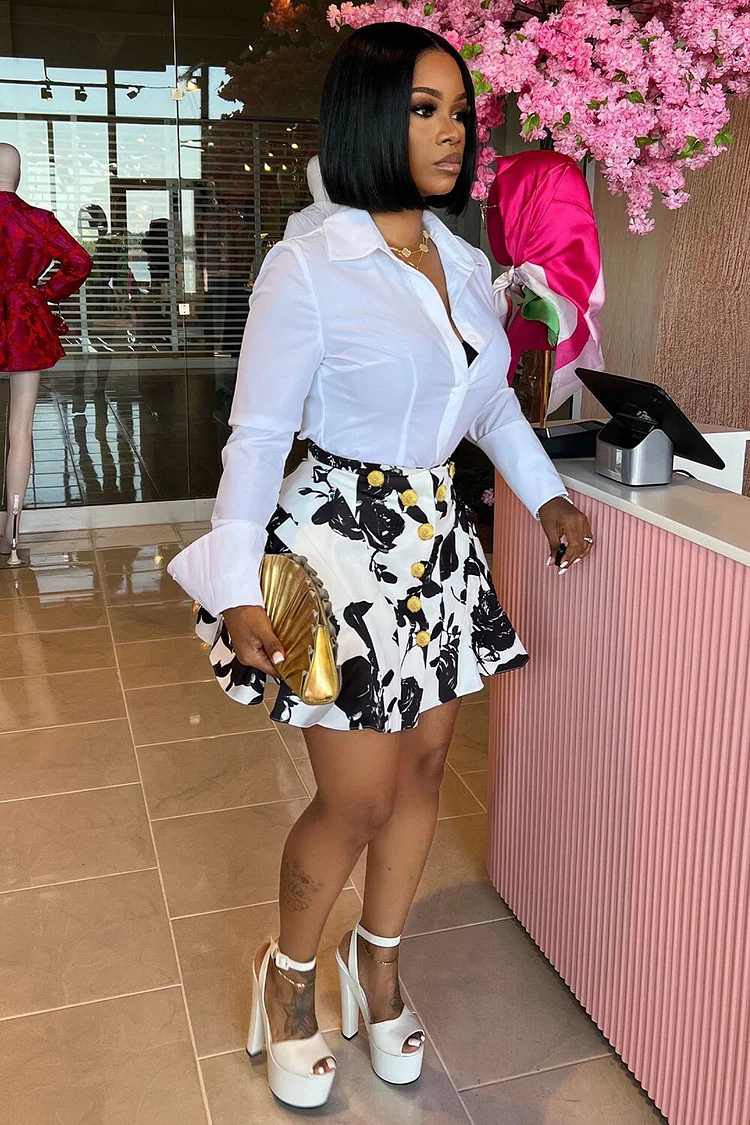 Turndown Collar Shirt Floral Print Buttons Bouffant Mini Skirt 2pcs Set-White