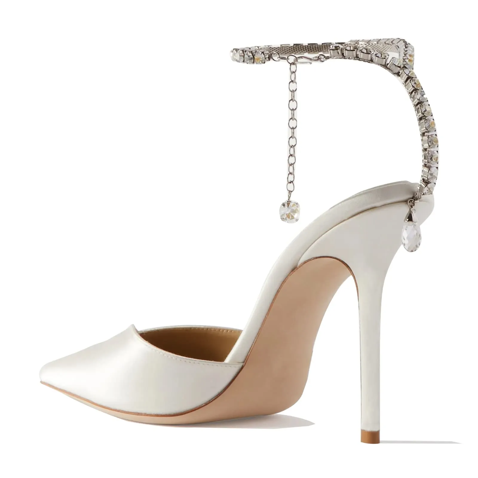 100mm Women's Sandals Crystal Chain Ankle Straps Rhinestones Buckle Heels Stiletto Satin Dress Shoes-vocosishoes