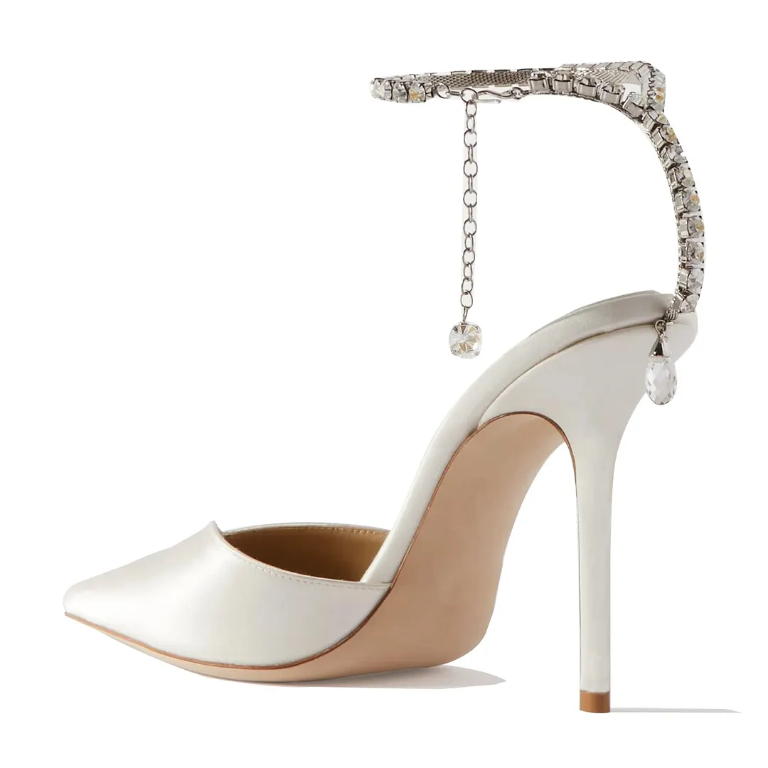 100mm Women's Sandals Crystal Chain Ankle Straps Rhinestones Buckle Heels Stiletto Satin Dress Shoes-vocosishoes