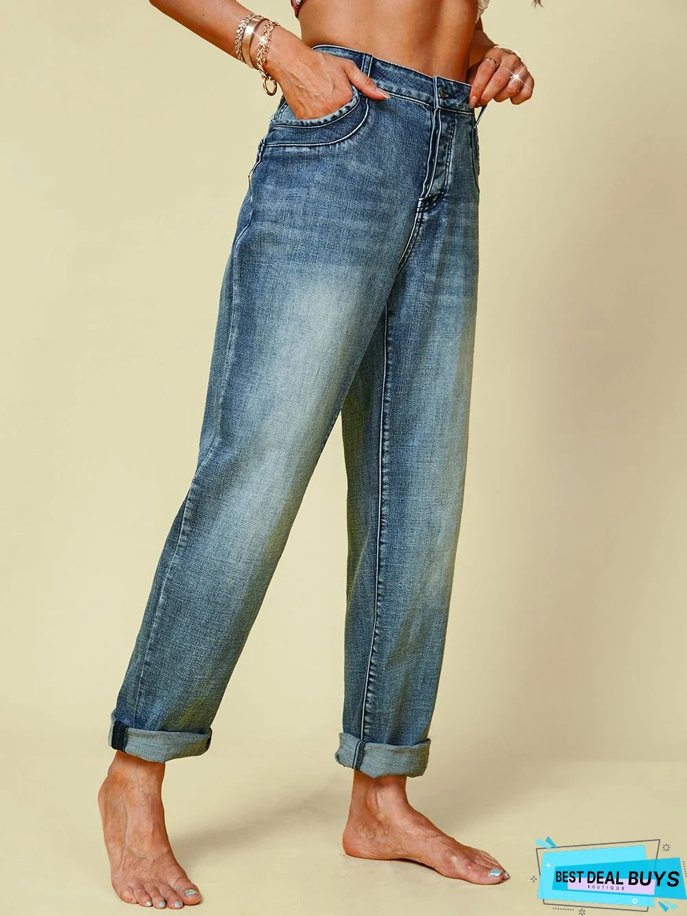 Blue Denim Simple Solid Pockets Jeans