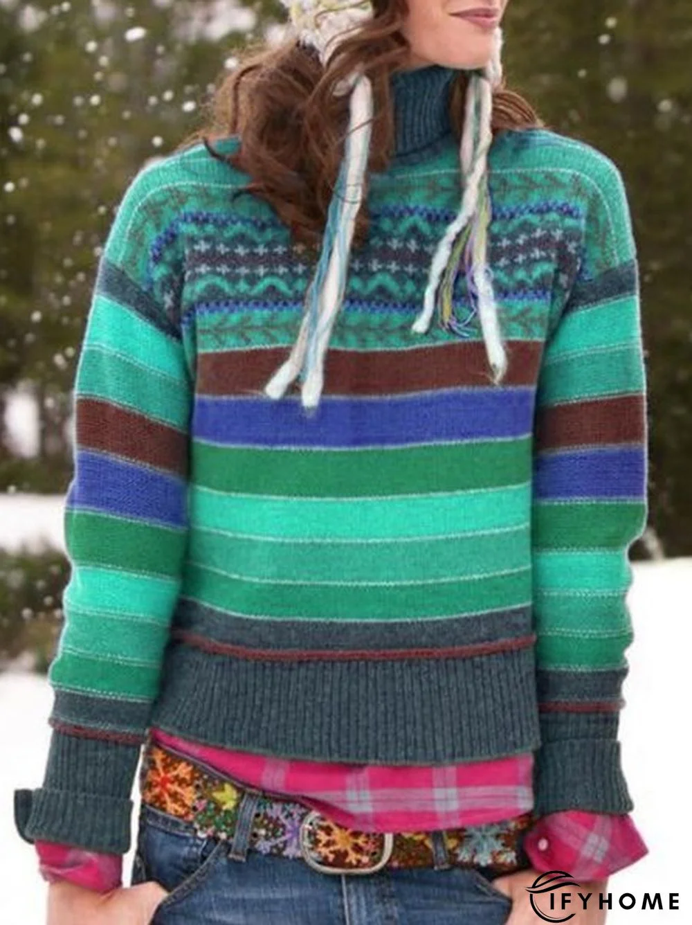 Long Sleeve Turtleneck Striped Sweater | IFYHOME