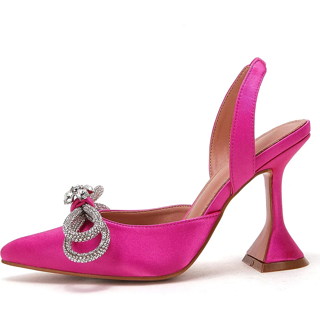 95mm Womens Heeled Sandals Point Toe Slingback Rhinestones Bowknot Crystal Party Wedding Dressy Shoes-vocosishoes