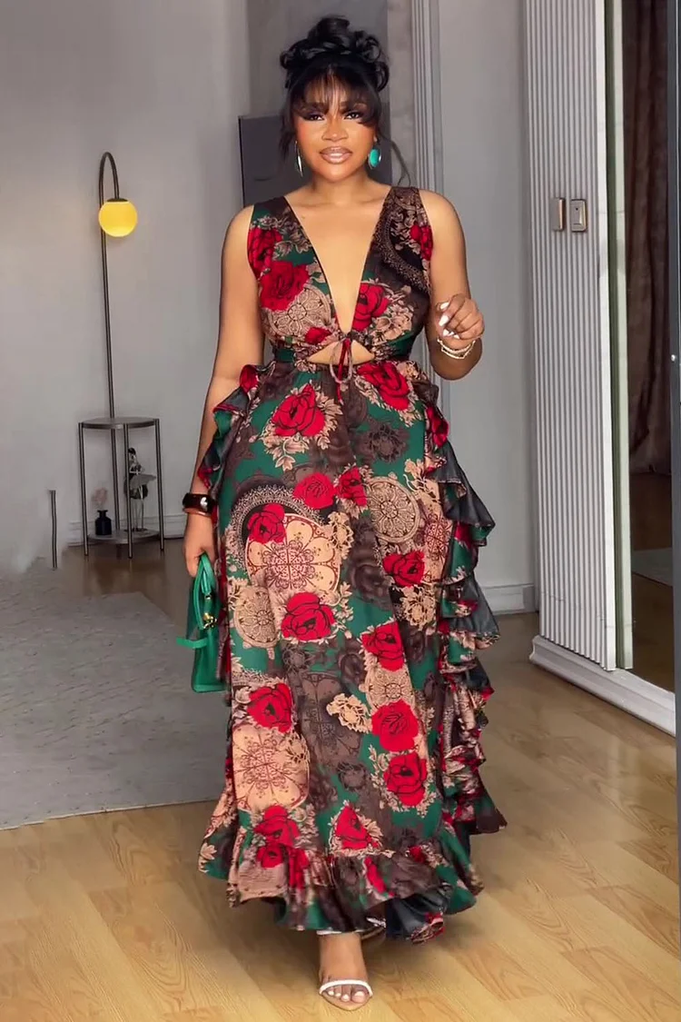 Deep V Neck Sleeveless Floral Print Ruffle Party Maxi Dresses-Red [Pre Order]