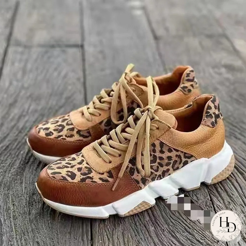 Plus size 36-44 New Thick-soled Round Toe Low-top Leopard Print Women's Singles Cross-large Stitching Lace-up Sneakers