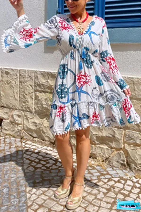 Bell Sleeve V Neck Coral Starfish Short Dress