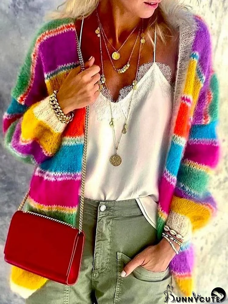 Women's Fashion Colorful Striped Sweater Cardigan