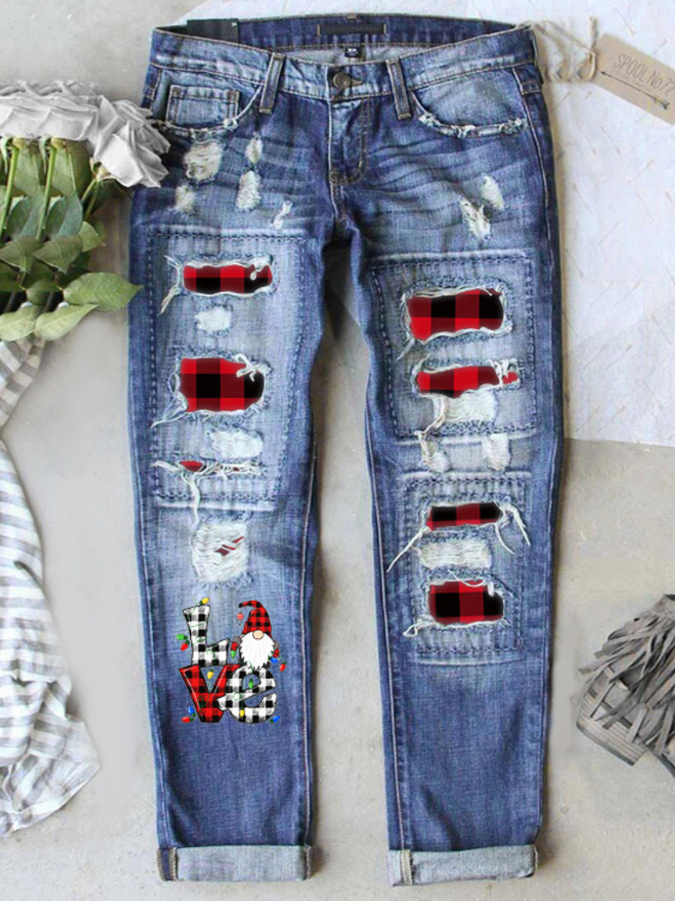 Christmas Check Love Gnome Print Washed Jeans wearshes