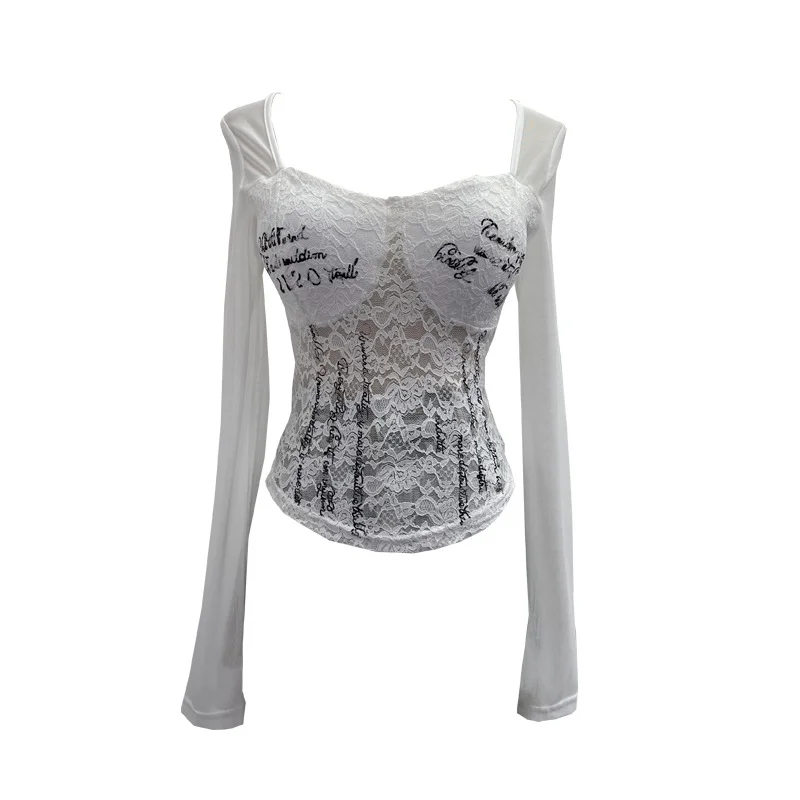 Nigikala Nigikala Shot With Chest Pad Hottie Letter-Print Lace Splicing Mesh T-Shirt T-Shirt 6231