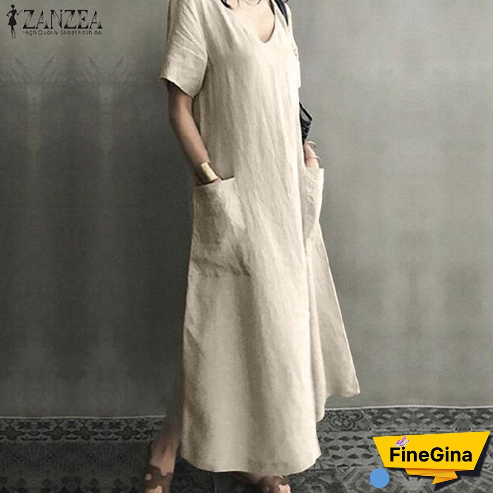 Women V Neck Short Sleeve Dress With Pockets Dress Summer Dress Loose Mid-calf Dress