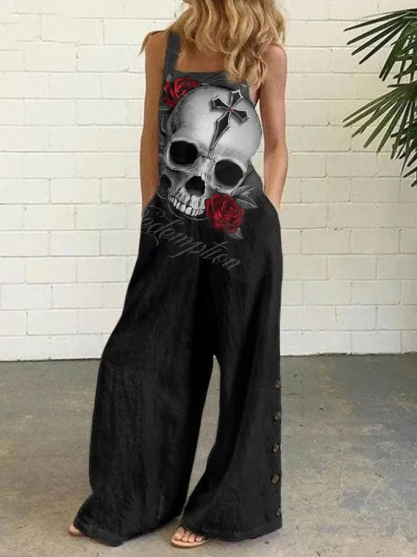 Punk Skull Retro Versatile Loose Print Jumpsuit
