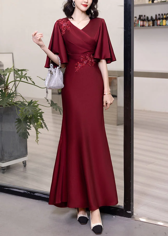 Classy Wine Red V Neck Embroideried Cotton Long Dresses Butterfly Sleeve