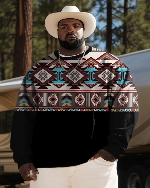 Men's Plus Size Western Ethnic Style Color Block Diamond Long Sleeve Sweatshirt