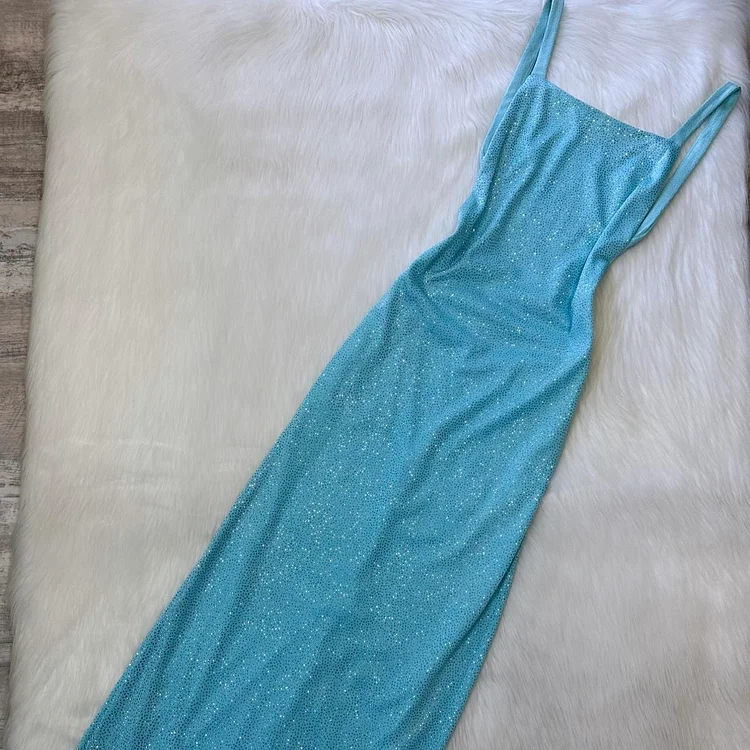 Lit blue elegant stunning exquisite shining backless women's long chiffon evening dress party dress prom dress