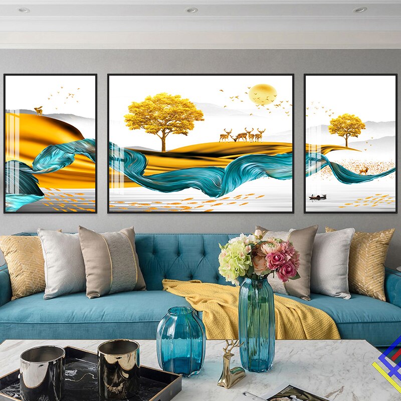 3 Piece New Chinese Luxury Golden Deer Canvas Painting Wall Art Abstract Ribbon Posters and Prints for Living Room Decor Cuadros