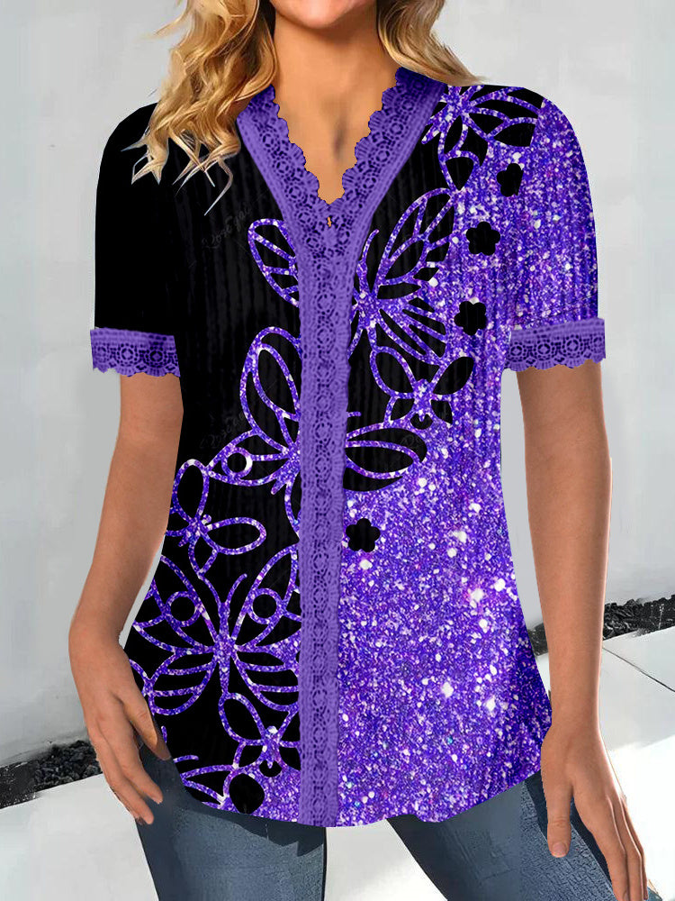 Women Long Sleeve V-neck Graphic Floral Printed Top