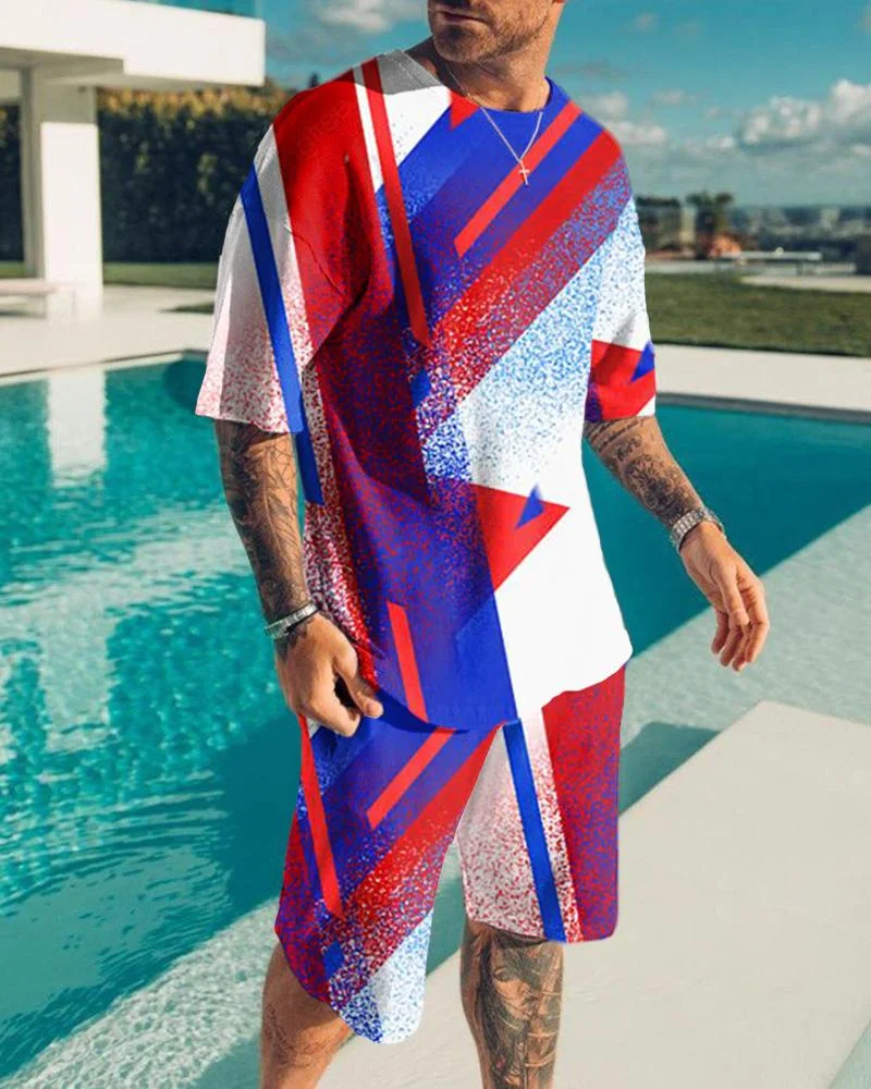 Men's Fashion Holiday Graphic Print Contrasting Colors Shorts Suit