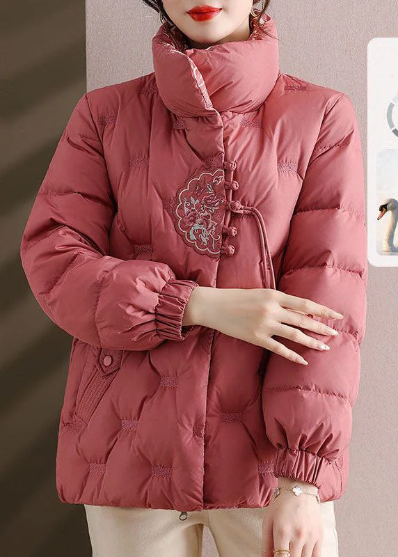 Elegant Pink Embroideried Stand Collar Duck Down Puffers Jackets Winter