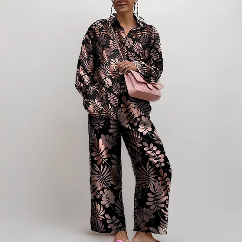 Brownm Brownm 2024 New Women's Temperament Commuter Loose Print Long Sleeve Wide-Leg Pants Fashion Suit Women