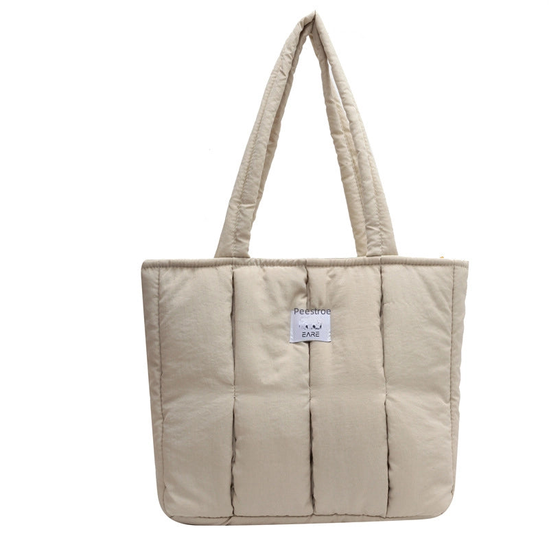 Cotton-filled Soft Waxy Tote Bag Female College Students Class Shoulder Bag Work Commuter Portable Large Bag Nylon Cloth Bag