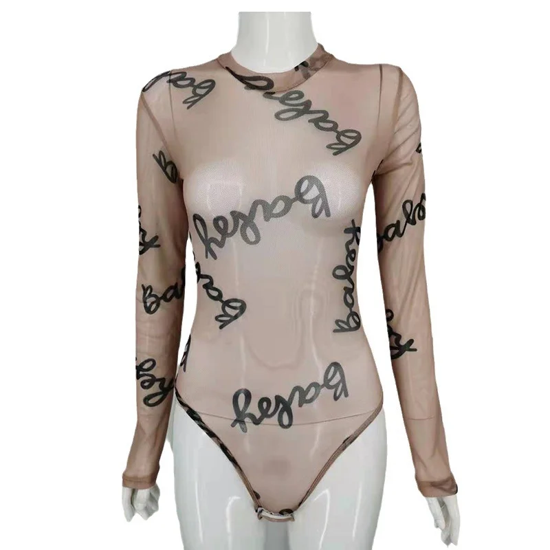 Churchf Churchf Summer New Women's Round Collar Long-Sleeved T-Shirt Perspective Mesh Sexy Slim Jumpsuit