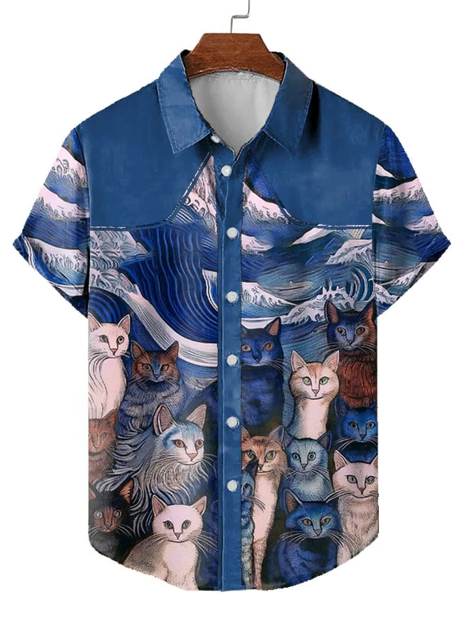 Men's Blue Waves&cats Print Shirt
