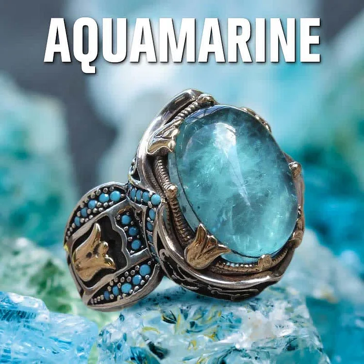 Aquamarine Men Ring With Turquoise Stones