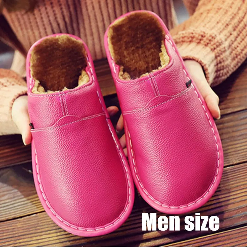 Men's shoes Genuine leather slippers winter superstar sewing Non Slip mens indoor slippers rubber warm house shoes man