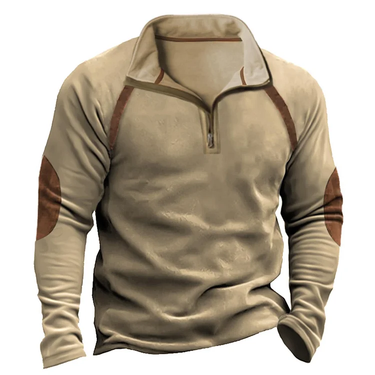 Men's Outdoor Fleece Warm Contrast Quarter Zip Stand Collar Sweatshirt 393a