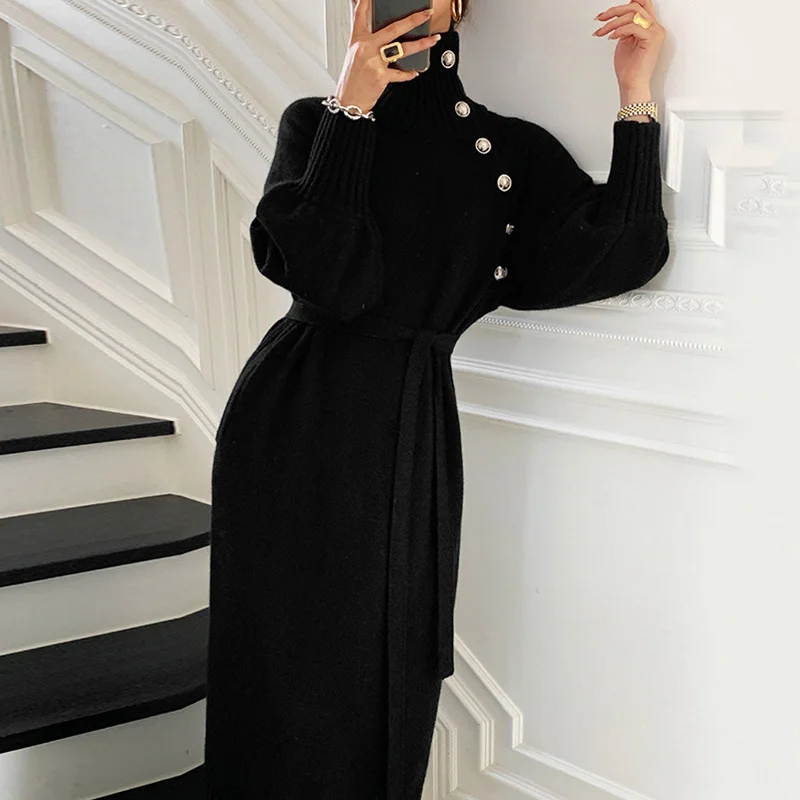 Uveng Uveng French Temperament In Autumn And Winter 2025 With A Sweater Inside The Long Knee-Jerk Knitted Girl