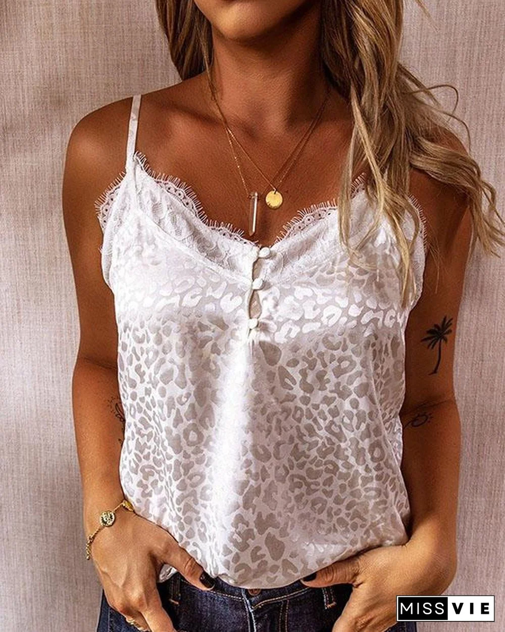 Lace Leopard Spaghetti Strap Sleeveless Button Up Casual Sexy Tank Tops