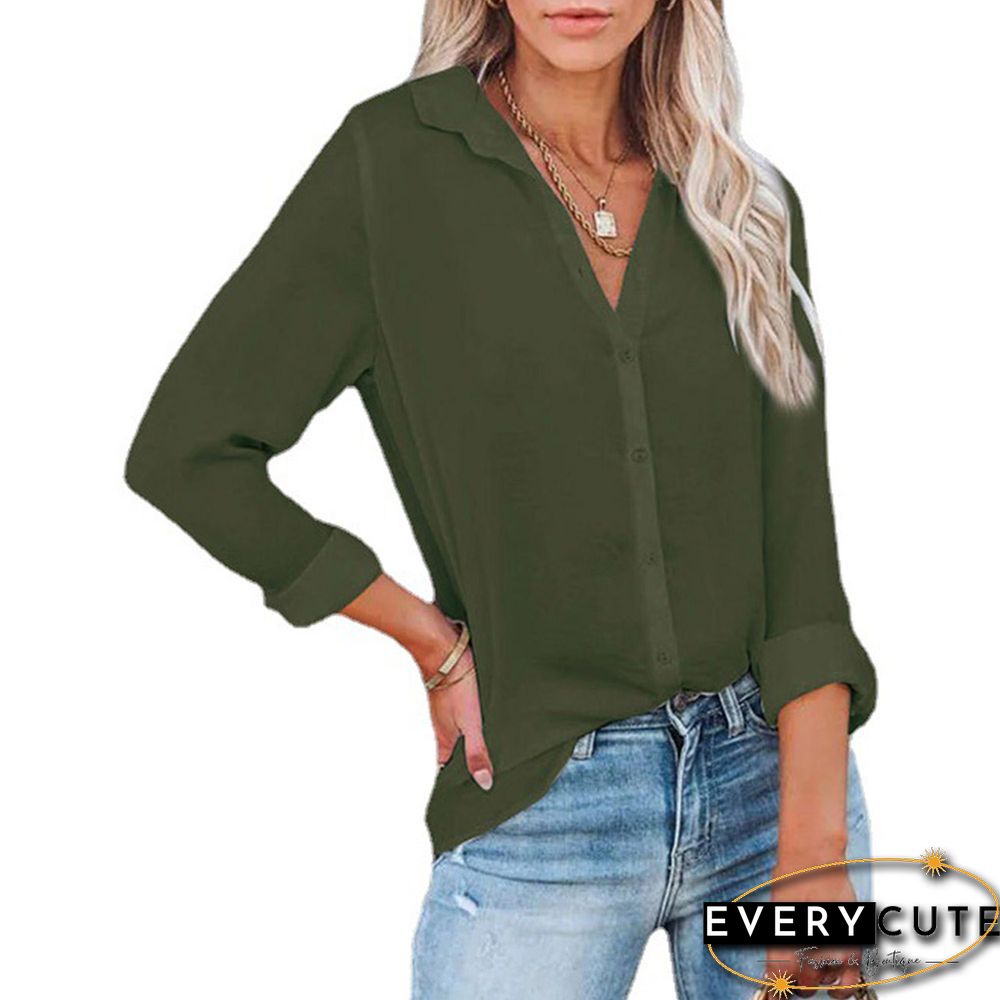 Army Green Button V Neck Long Sleeve Shirt