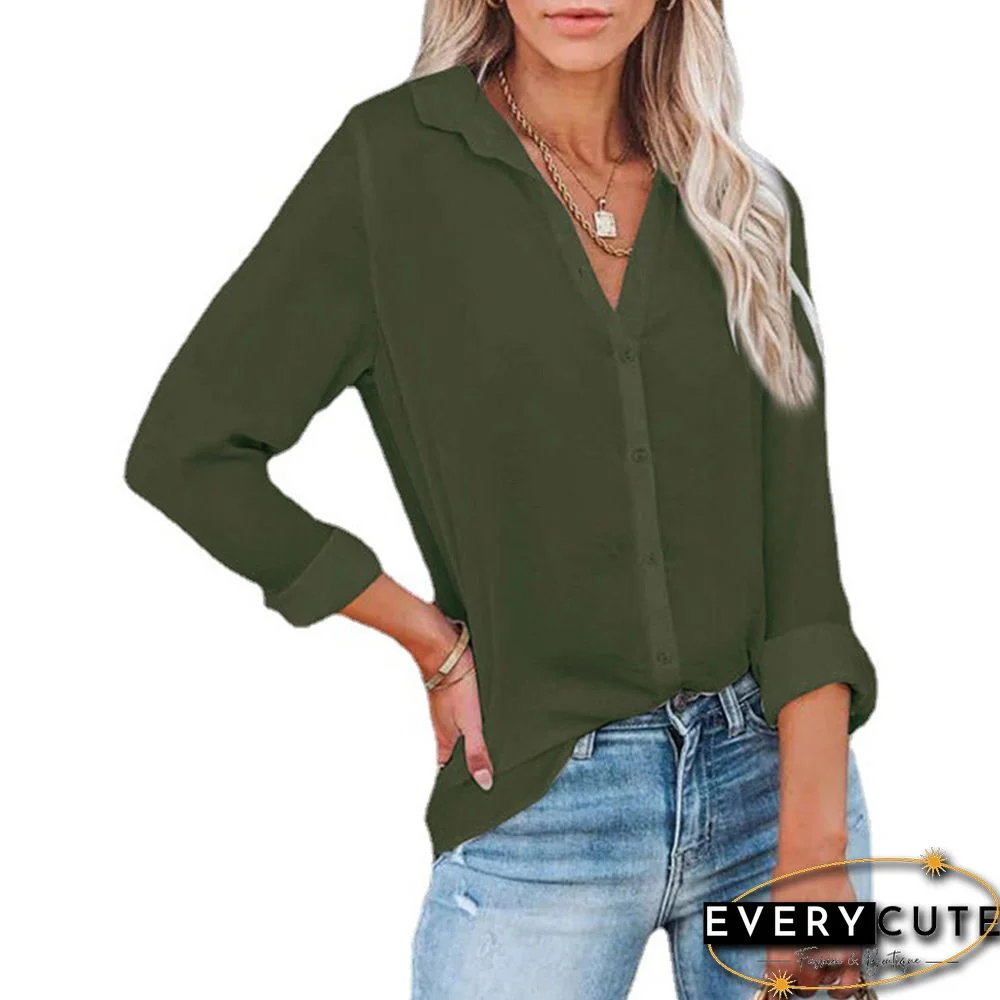 Army Green Button V Neck Long Sleeve Shirt