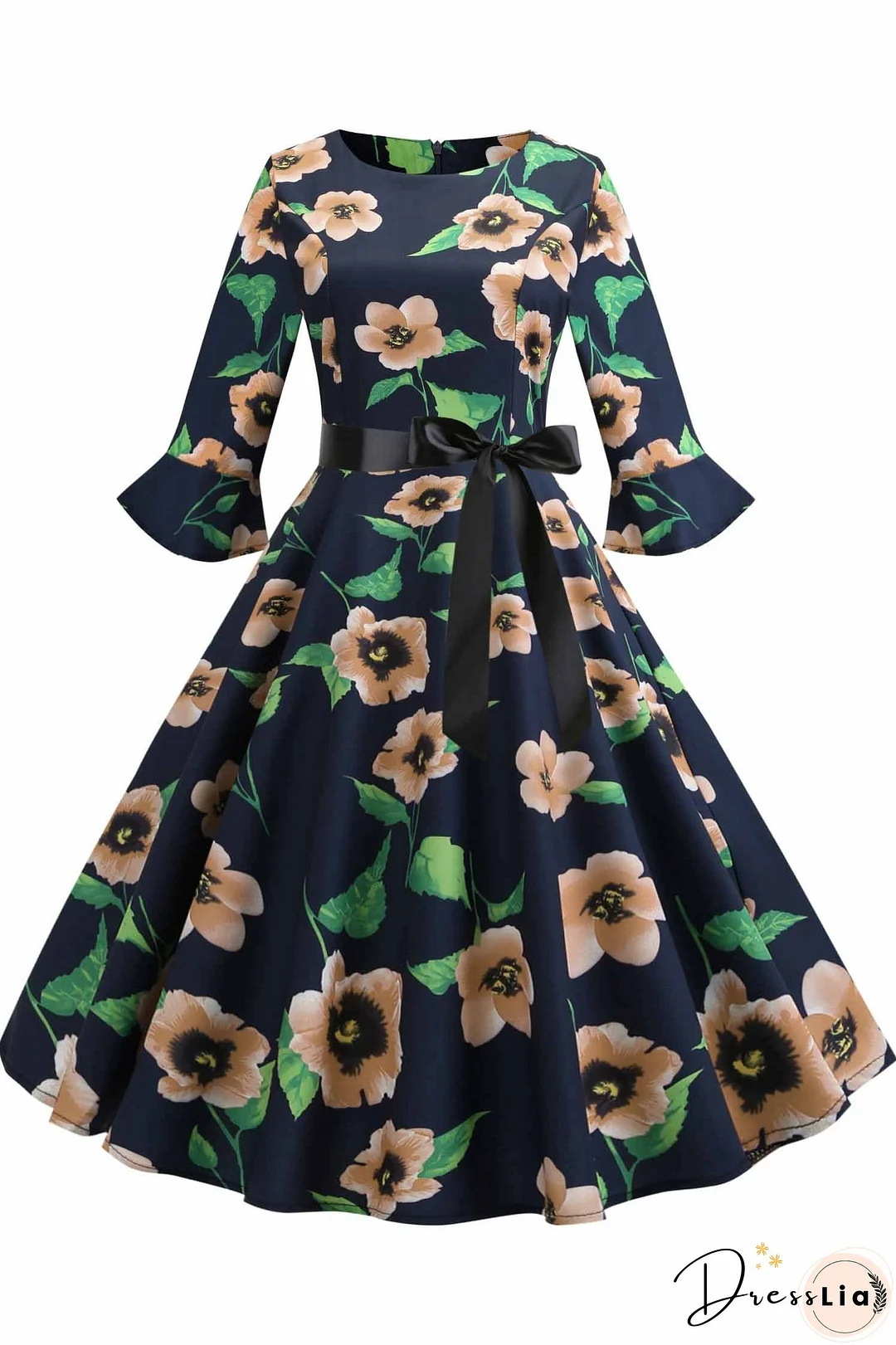 Floral Print Boatneck A-line Dress